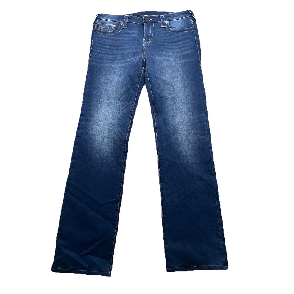 True Religion Billie Mid Rise Straight Leg Jeans Size 33 Dark Blue Denim Stretch